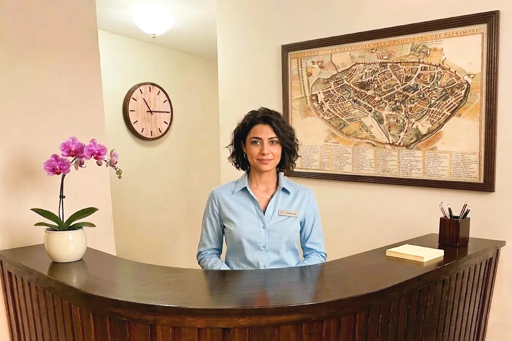 La reception del Nazareth Residence con mappa storica di Viterbo alle spalle