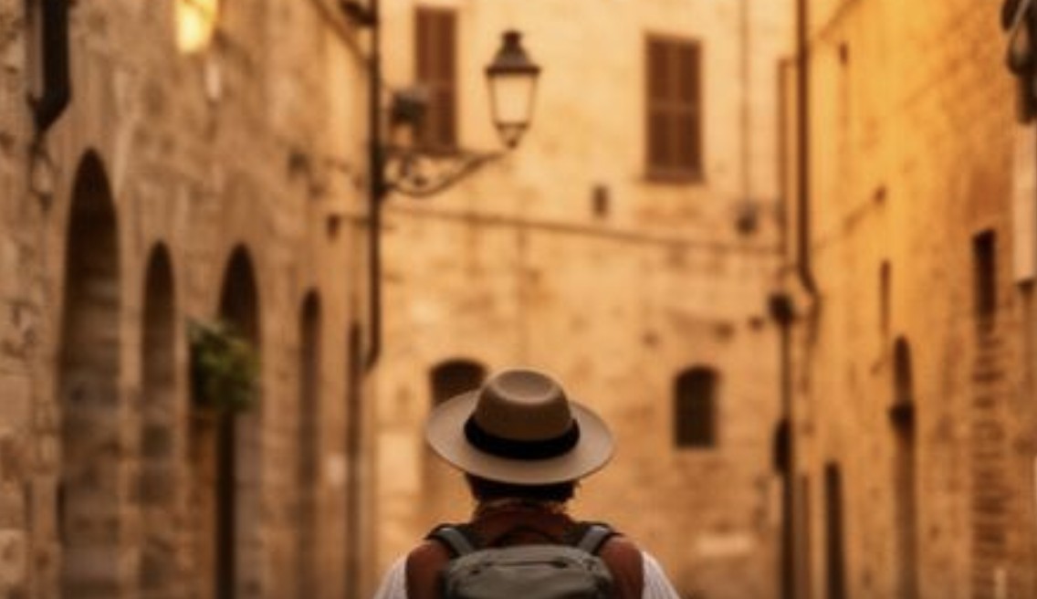 Pellegrino con zaino e cappello nel quartiere medievale di San Pellegrino a Viterbo, lungo la Via Francigena