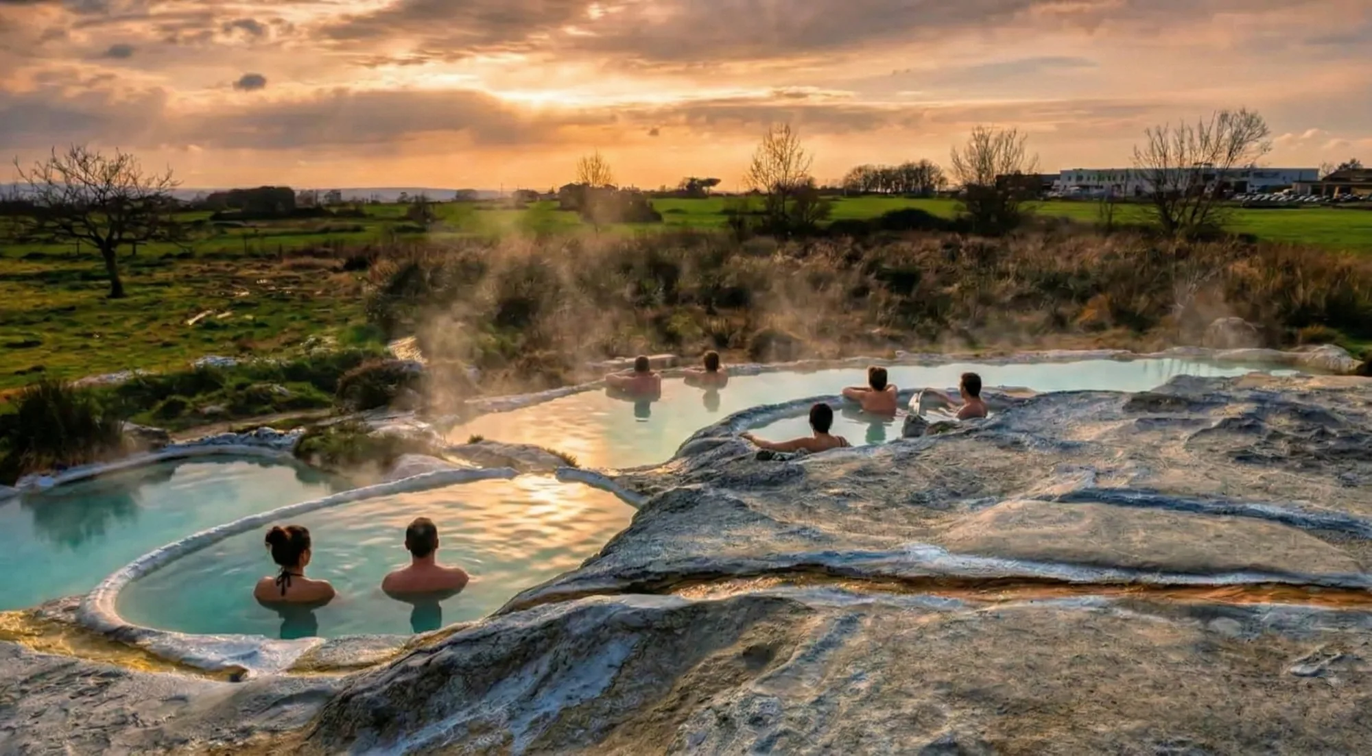 Le piscine termali naturali delle Terme dei Carletti al tramonto, vicino a Viterbo
