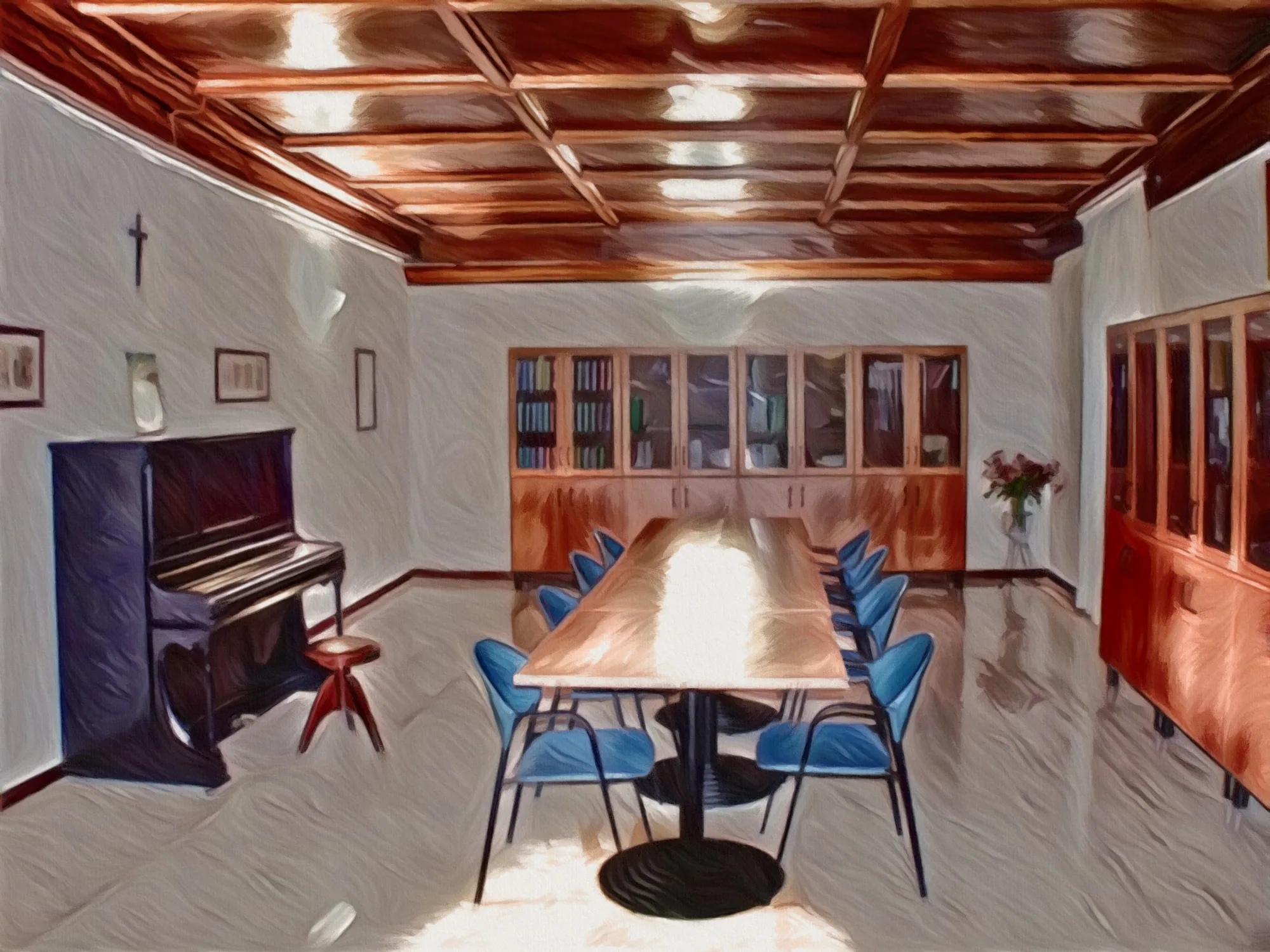 Sala lettura con tavolo lungo, pianoforte e credenze in legno