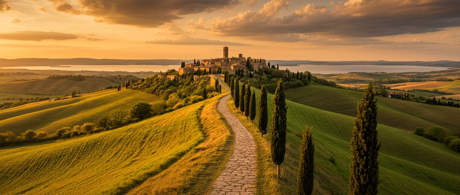 The Via Francigena trail across the hills of the Tuscia at sunset, heading towards a medieval village