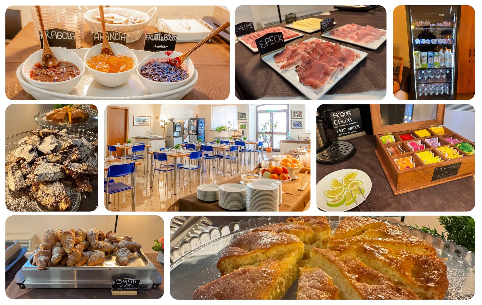 Il buffet della colazione del Nazareth Residence: salumi, dolci, caffè e sala colazioni