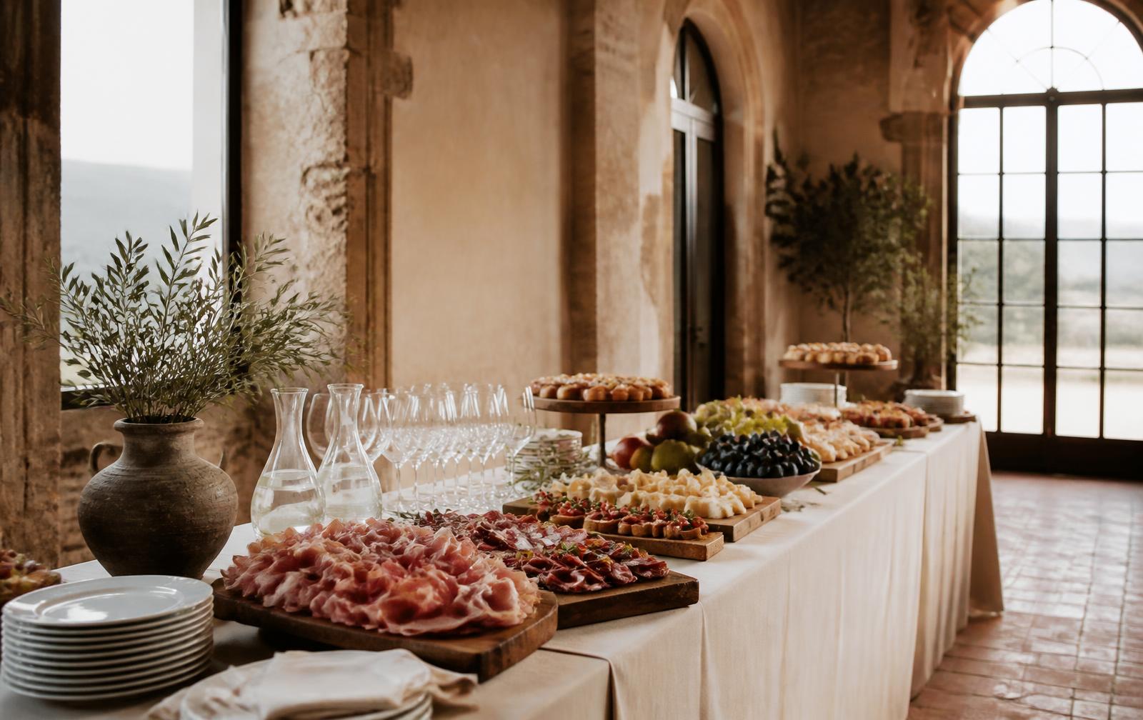 Buffet di catering allestito con salumi della Tuscia, formaggi, frutta e dolci in una sala dalle pareti in pietra