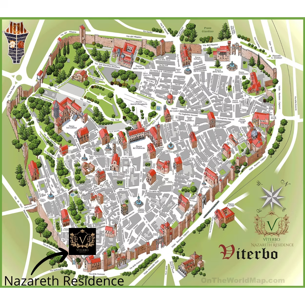 Cartina illustrata del centro storico di Viterbo con la posizione del Nazareth Residence, vicino a Porta Fiorentina e Piazza Sant'Andrea