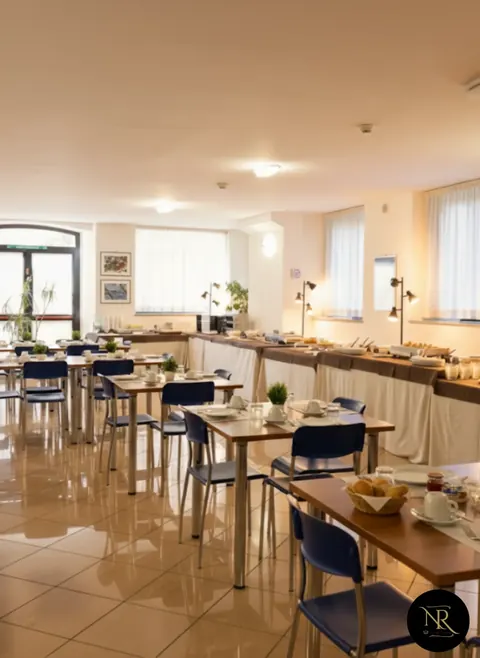 Breakfast room with laid tables and buffet, for groups staying in Viterbo
