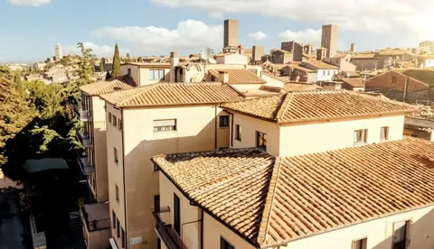 The property's roofs from above, with the private park and Viterbo's towers behind
