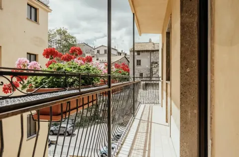 Balcony with red geraniums overlooking the roofs and peperino houses of Viterbo