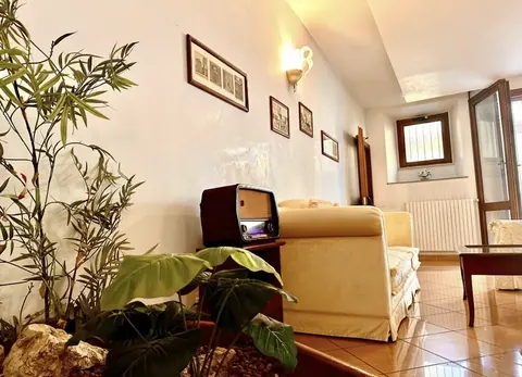 Common lounge with vintage radio, cream sofa and green plants by the window