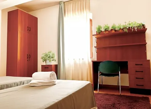 Room with desk, green plants on the shelf and red wooden wardrobe — tourist accommodation in Viterbo